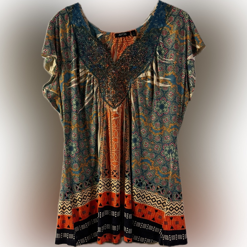 Apt 9, XL, NWT, Cap Sleeves, Navy Blue w/mix of green, orange and cream.